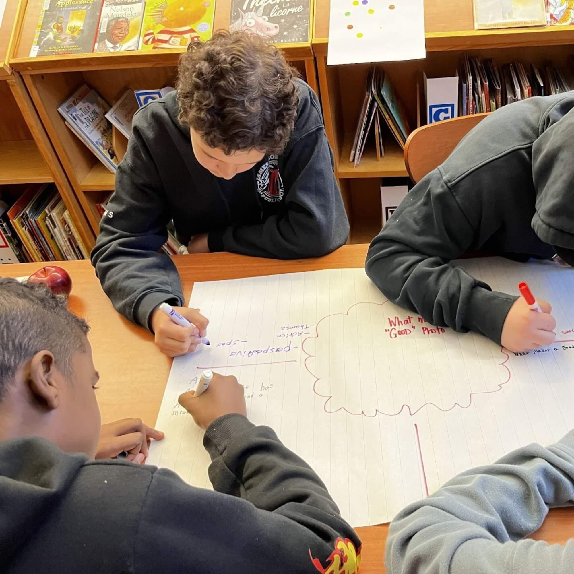 Group of four children working on a selfie project together