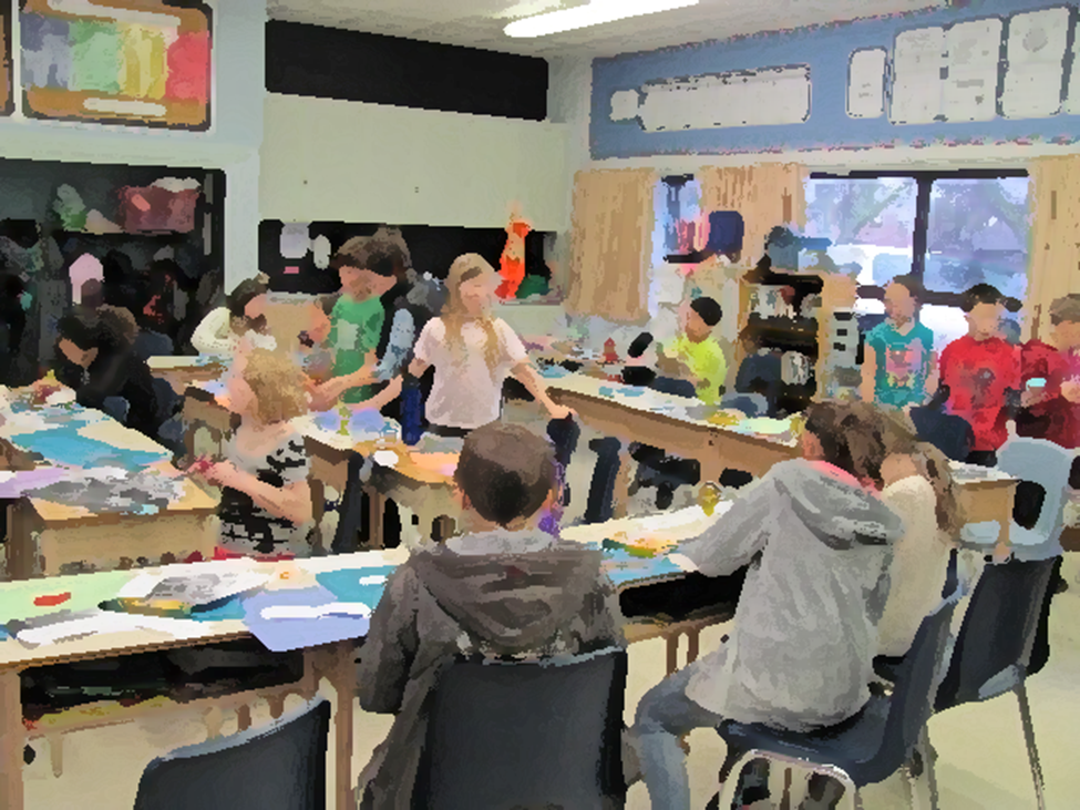 Group of children working on a creative project in a classroom setting.