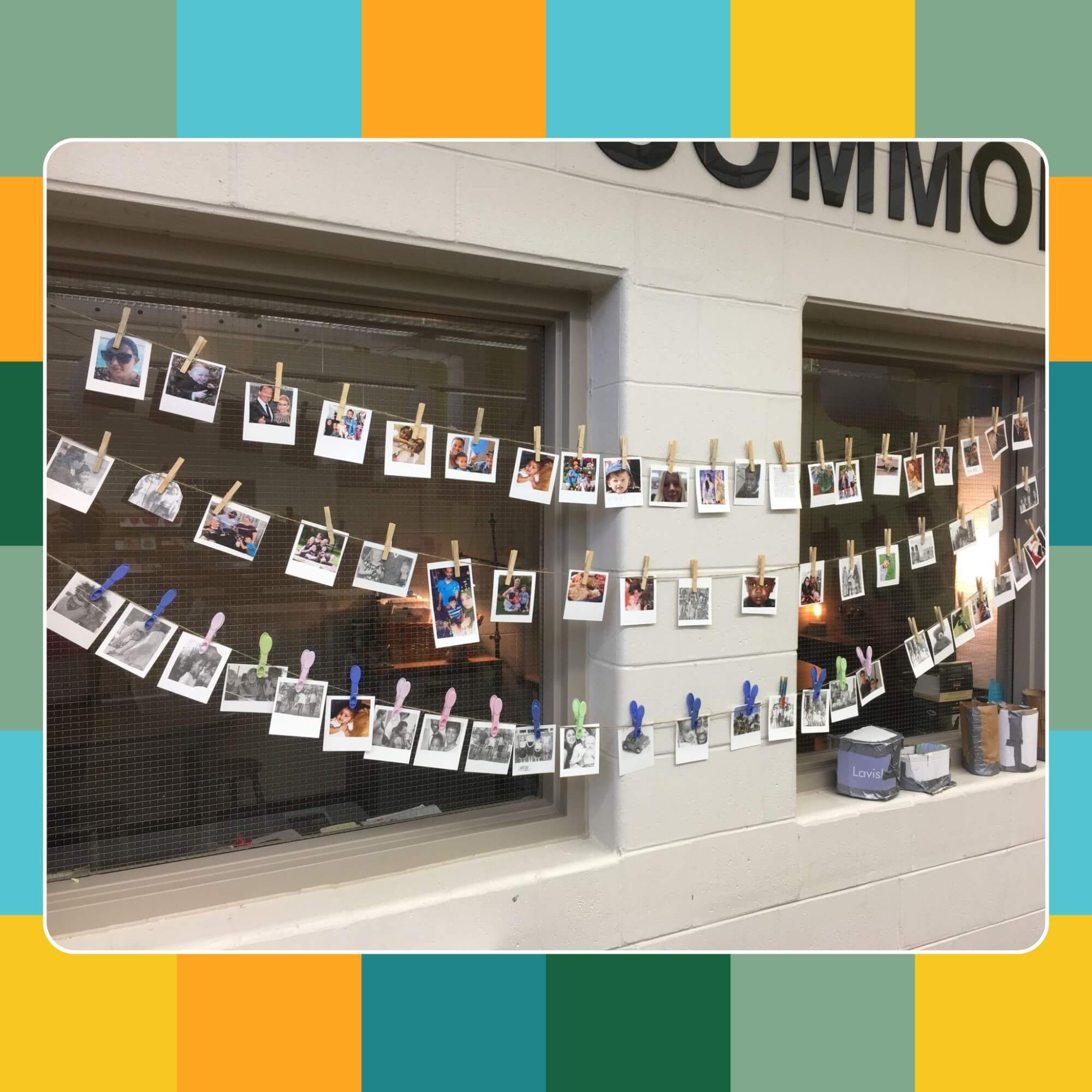 Display of polaroid photographs in a school setting.