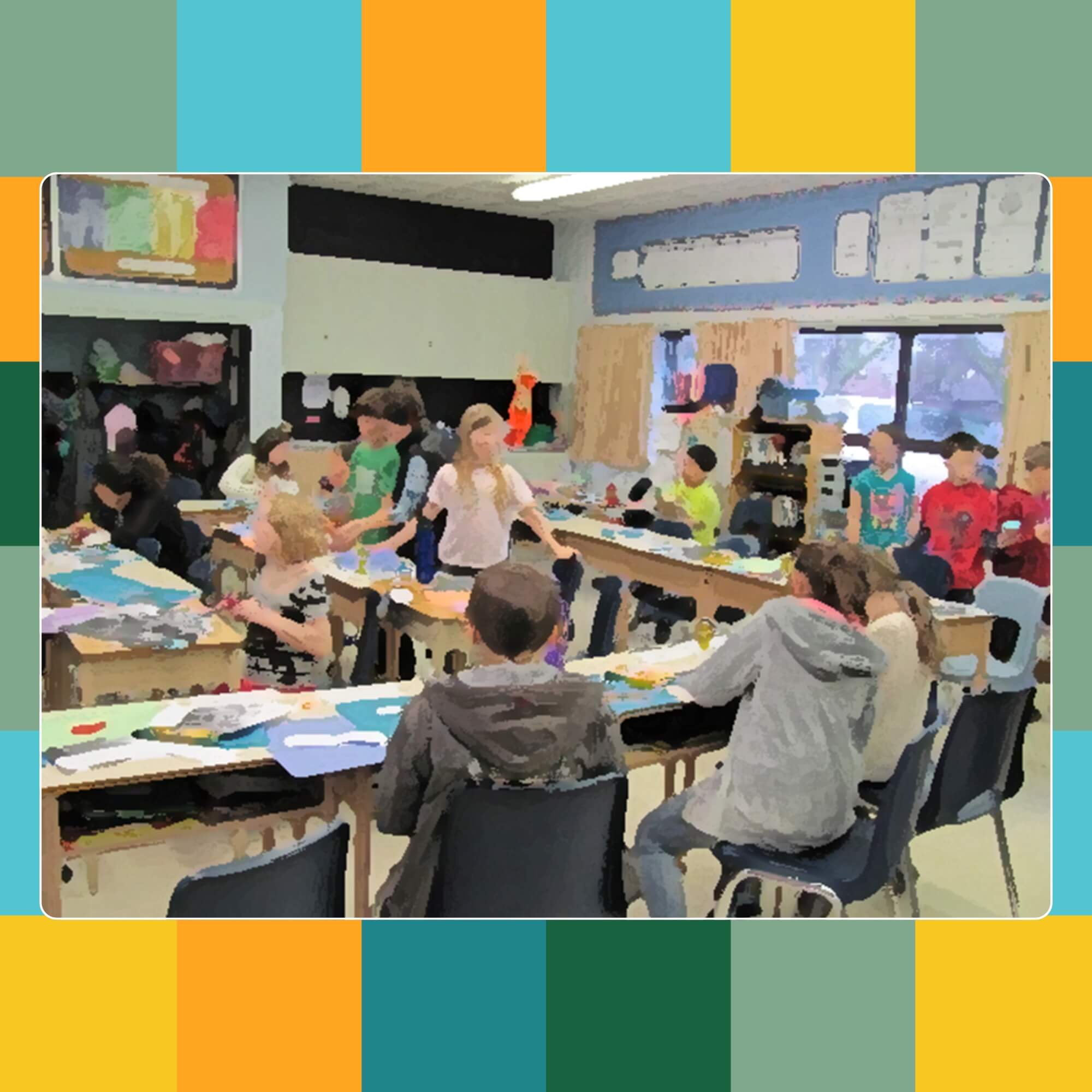 Group of children working on a creative project in a classroom setting.