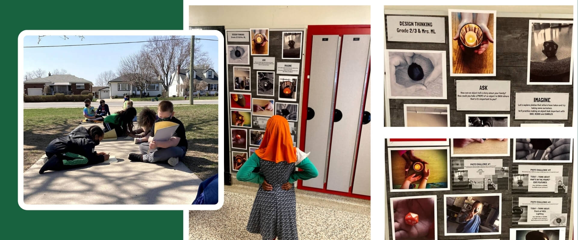 Children collaborating on a project outdoors and viewing research materials in an indoor school setting.
